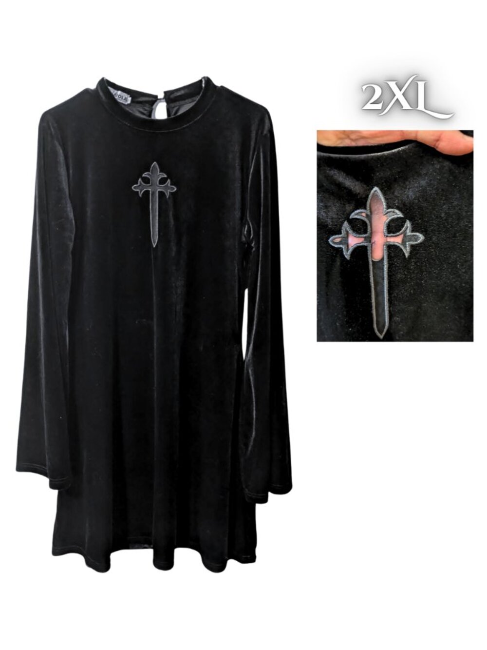 Black Velvet Gothic Cross Cutout Dress Mesh Long Sleeve Witchy 2XL / XXL